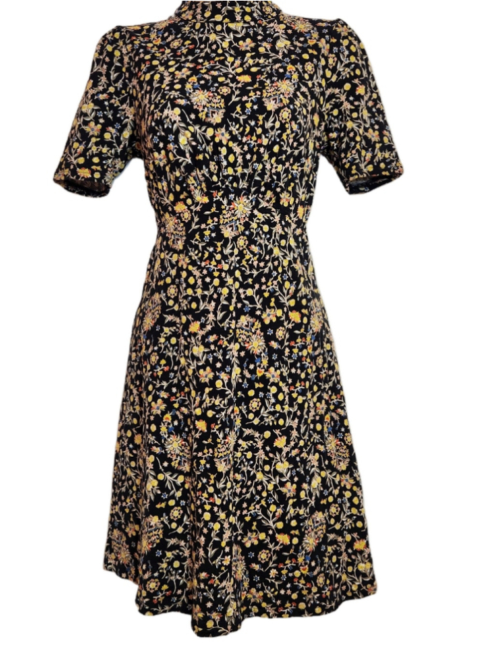 Boden Wildflower Paisley Cinch Waist Jersey Knit Mini Dress Black/Yellow 2 - Picture 4 of 10